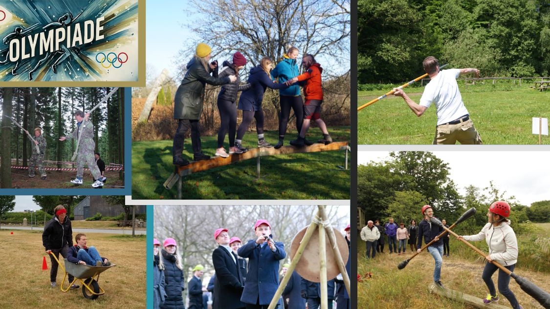 Teambuilding firma Olympiade - Kopi Billedet emmer af energi, konkurrence og fællesskab. Deltagerne er engagerede i sjove og udfordrende aktiviteter, der kræver både samarbejde, koordination og kampgejst. Stemningen er afslappet og humoristisk, samtidig med at den rummer den gode, venlige rivalisering. Billedetekst: ''Olympiade''