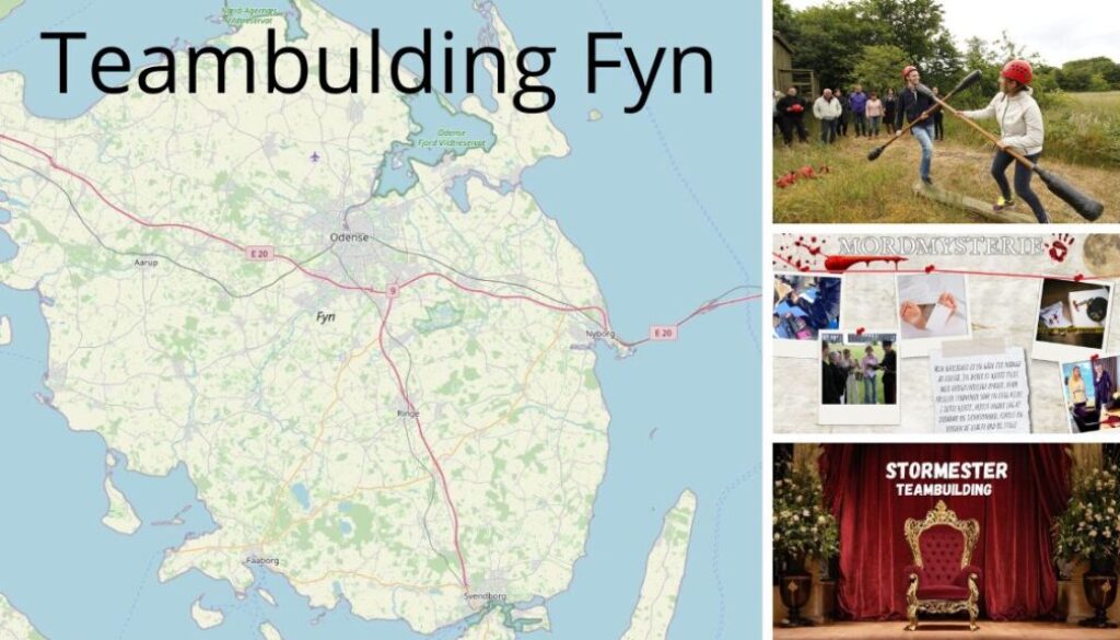 Billedet kombinerer et kort over Fyn med tre billeder, der viser forskellige teambuilding-aktiviteter. Øverst ses en sjov fysisk duel med polstrede kæppe, der kræver balance og mod. I midten ses en collage fra et mordmysterie med spor, fotos og ledetråde – en aktivitet, der lægger op til samarbejde og eftertænksomhed. Nederst vises den ikoniske trone fra "Stormester Teambuilding", som signalerer kreativitet, leg og konkurrence. Helhedsindtrykket er alsidigt og levende – perfekt for firmaer, der søger teambuilding på Fyn med både sjov, strategi og fællesskab.