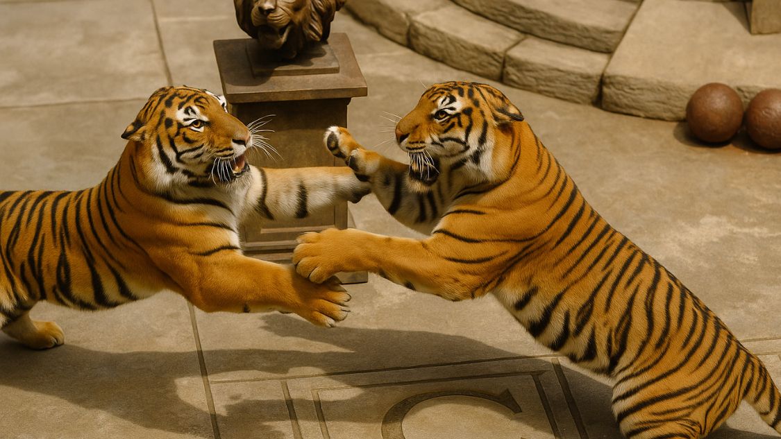Billedet viser to tigre midt i en dramatisk konfrontation i en arena omgivet af sten og symboler, som man kender fra Fangerne på Fortet. I baggrunden ses det ikoniske tigerhoved på en søjle og tunge jernkugler, som understreger den rå styrke og spænding, der præger spillet. Atmosfæren emmer af konkurrence, intensitet og vildskab – perfekt til en teambuilding-aktivitet fyldt med udfordringer.